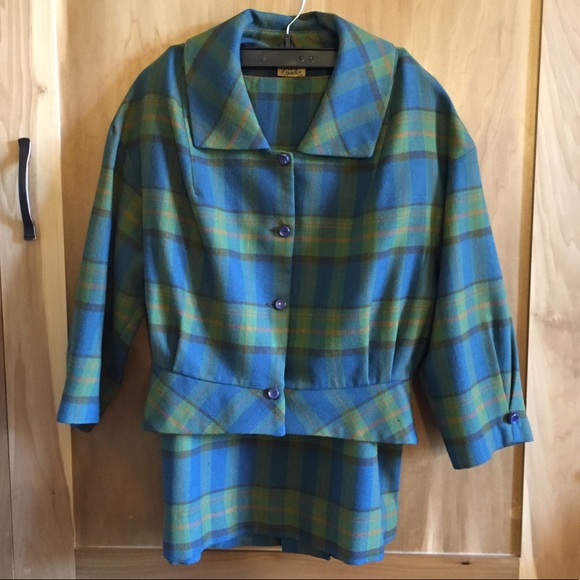 Vintage Jackets & Blazers - Blue and Green Plaid 60s Vintage Skirt Suit